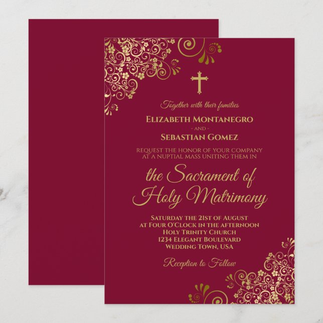 Invitation Élégant Bourgogne & Or Mariage catholique moderne (Devant / Derrière)