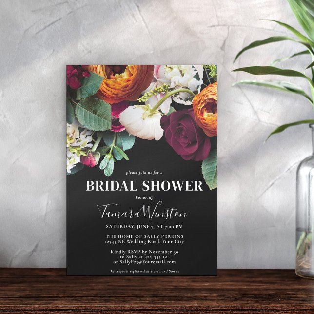 Invitation Elégant Bourgogne Orange Bleu Noir Floral Douche (Créateur téléchargé)
