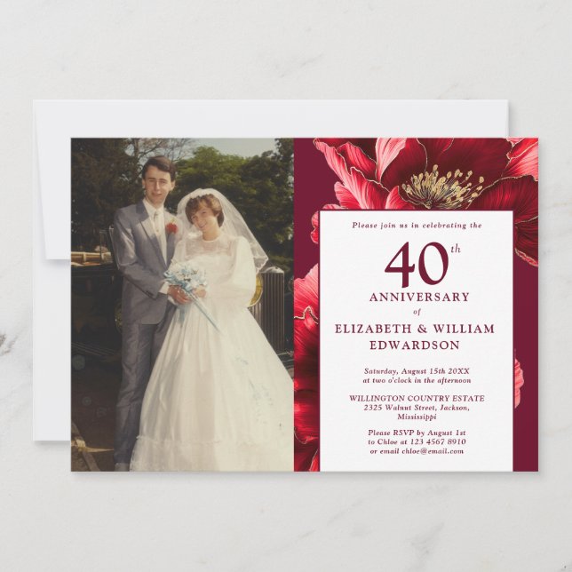 Invitation Elégant Bourgogne Rouge Floral 40e Anniversaire Ph (Devant)