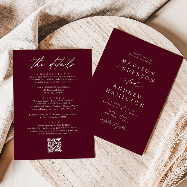 Invitation Élégant Bourgogne tout en un Mariage de code QR (Créateur téléchargé)
