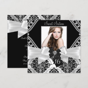 Invitation Élégant Bow Diamond noir Damask Photo Sweet 16