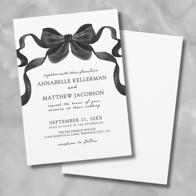 Invitation Élégant Bow en ruban noir et blanc Mariage (Elegant Ribbon Bow Black And White Wedding Invitation)