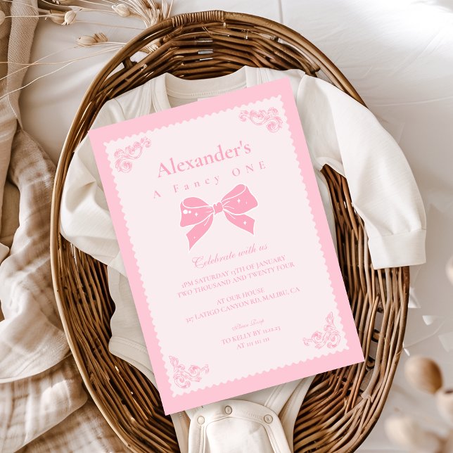 Invitation Elégant Bow Floral Fancy ONE Girl 1er anniversaire (Créateur téléchargé)