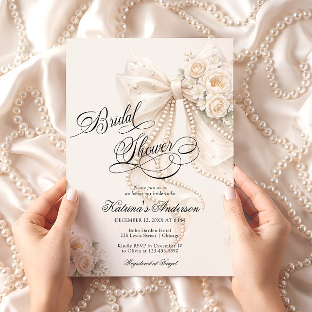 Invitation Elegant Bow Floral Neutral Bridal Shower  (Créateur téléchargé)