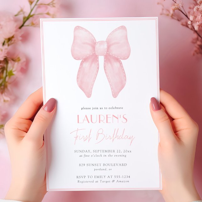 Invitation Elégant Bow Girl rose premier anniversaire (Créateur téléchargé)
