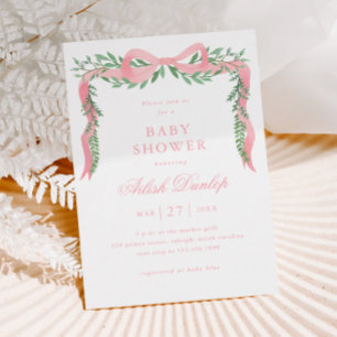 Invitation Elégant Bow rose avec Baby shower fille verdoyante