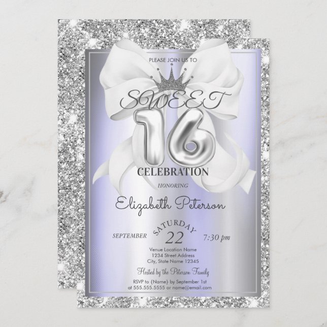 Invitation Elegant Bow,Tiara,Violet Silver Glitter Sweet 16  (Devant / Derrière)