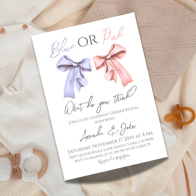 Invitation Élégant Bows bleu ou rose Révélation de genre (Créateur téléchargé)