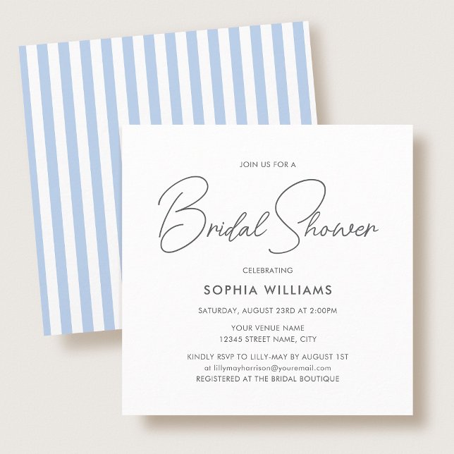 Invitation Elegant Bridal Shower Modern Script Blue Stripes (Créateur téléchargé)