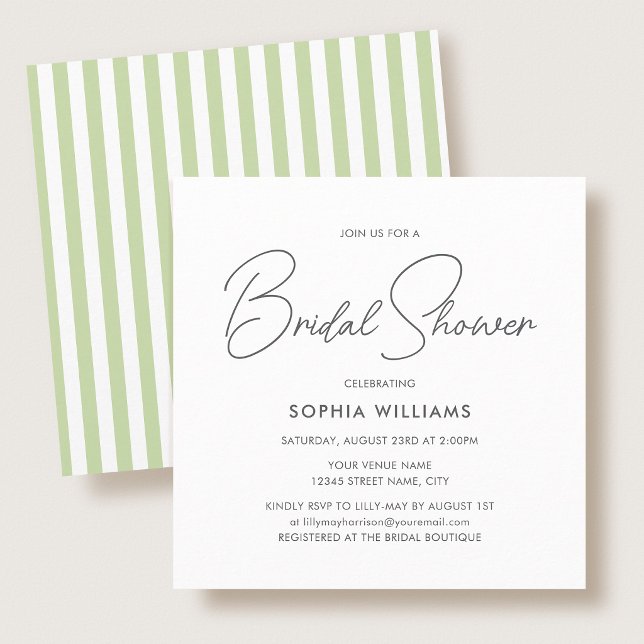 Invitation Elegant Bridal Shower Modern Script Green Stripes (Créateur téléchargé)