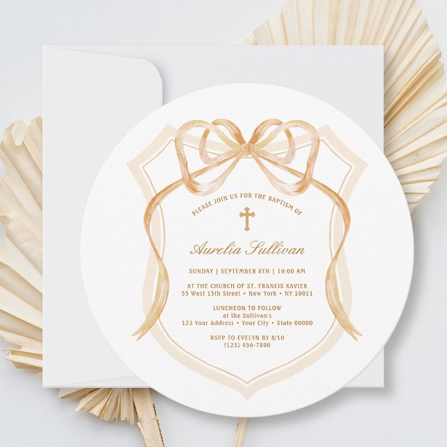 Invitation Élégant Bronze Bow Crest Baptism (Créateur téléchargé)