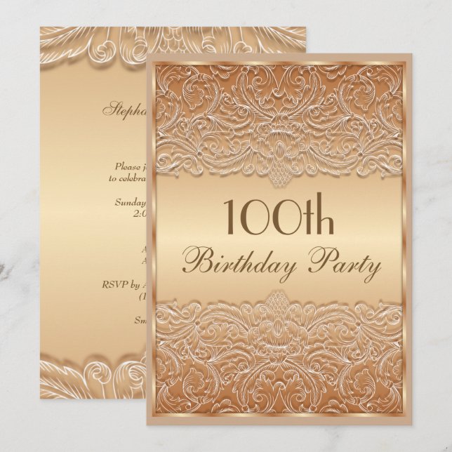 Invitation Elégant bronze dentelle française 100e anniversair (Devant / Derrière)