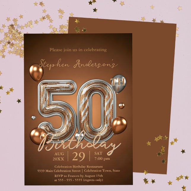 Invitation Elégant bronze et ballons d'argent 50e anniversair (Créateur téléchargé)