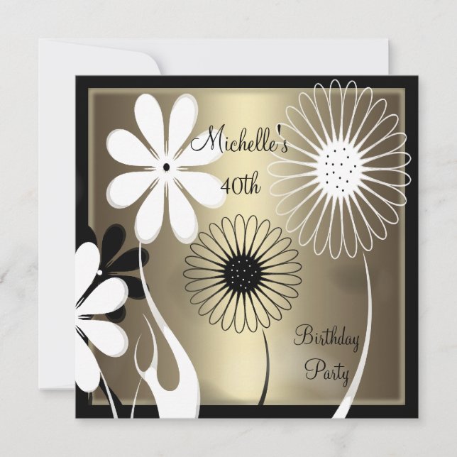 Invitation Elégant bronze floral noir blanc 40e anniversaire (Devant)