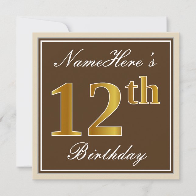 Invitation Elégant, Brown, Faux Gold 12ème anniversaire + Nom (Devant)