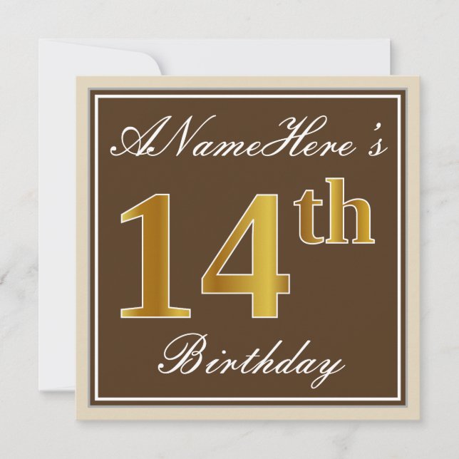 Invitation Elégant, Brown, Faux Gold 14ème anniversaire + Nom (Devant)