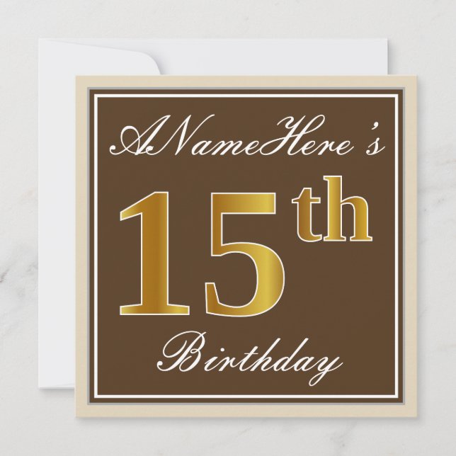 Invitation Elégant, Brown, Faux Gold 15ème anniversaire + Nom (Devant)