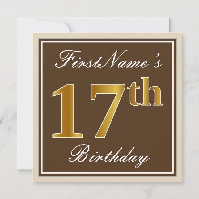 Invitation Élégant, Brown, Faux Gold 17e anniversaire + Nom (Devant)