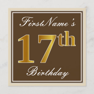 Invitation Élégant, Brown, Faux Gold 17e anniversaire + Nom