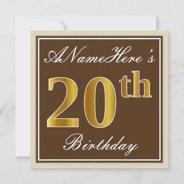 Invitation Elégant, Brown, Faux Gold 20e anniversaire + Nom (Devant)