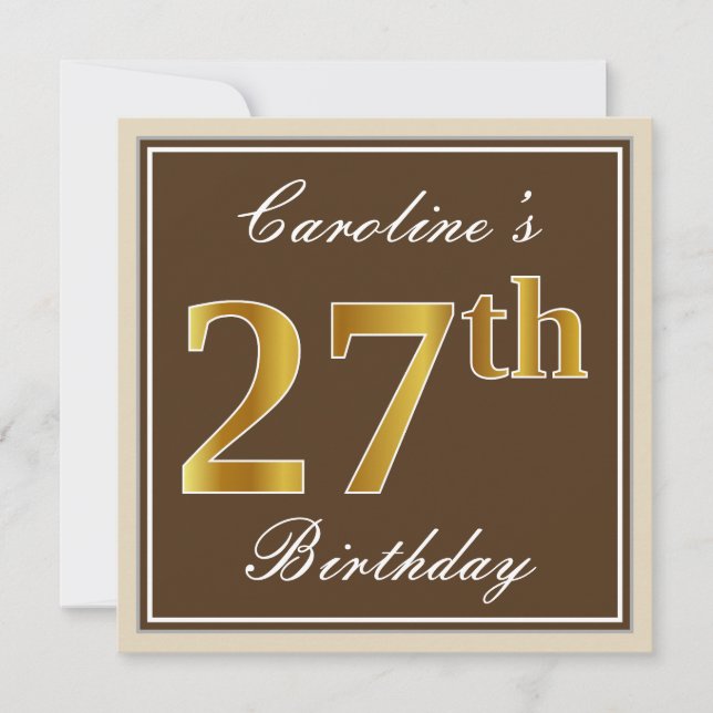 Invitation Elégant, Brown, Faux Gold 27ème anniversaire + Nom (Devant)
