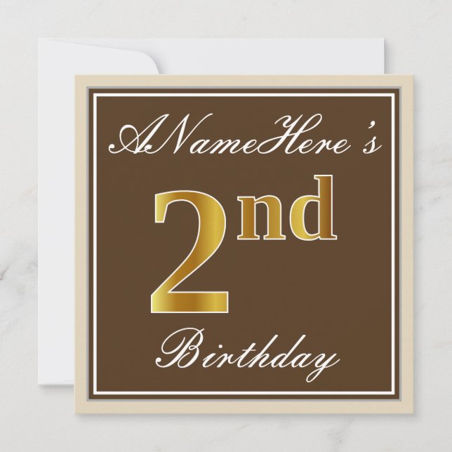 Invitation Élégant, Brown, Faux Gold 2e anniversaire + nom (Devant)