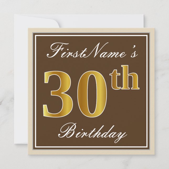Invitation Elégant, Brown, Faux Gold 30e anniversaire + Nom (Devant)