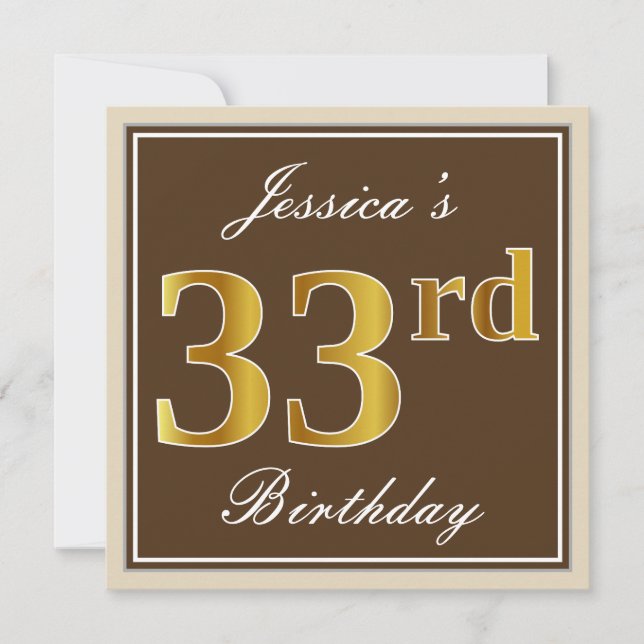 Invitation Élégant, Brown, Faux Gold 33e anniversaire + Nom (Devant)
