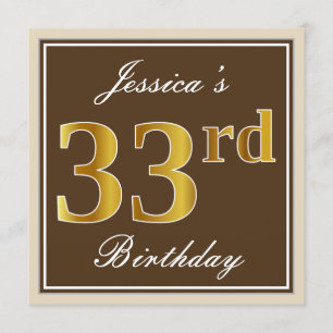 Invitation Élégant, Brown, Faux Gold 33e anniversaire + Nom