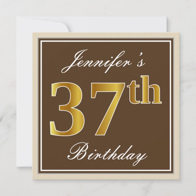 Invitation Elégant, Brown, Faux Gold 37ème anniversaire + Nom (Devant)