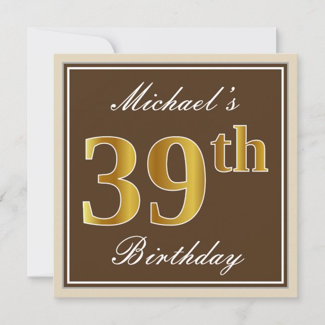 Invitation Elégant, Brown, Faux Gold 39ème anniversaire + Nom (Devant)