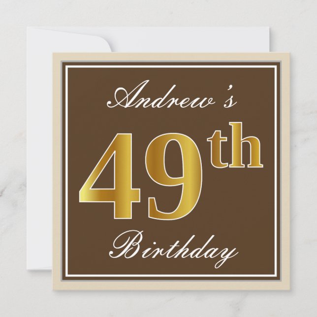 Invitation Elégant, Brown, Faux Gold 49ème Anniversaire + Nom (Devant)