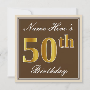 Invitation Elégant, Brown, Faux Gold 50e anniversaire + Nom