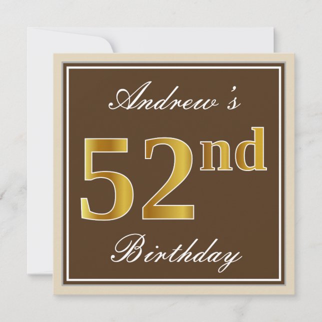 Invitation Elégant, Brown, Faux Gold 52e anniversaire + Nom (Devant)