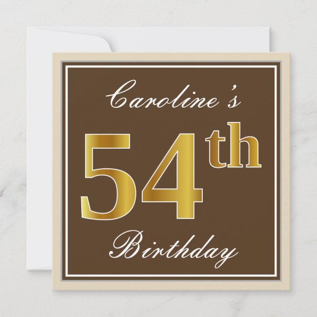 Invitation Elégant, Brown, Faux Gold 54e anniversaire + Nom (Devant)