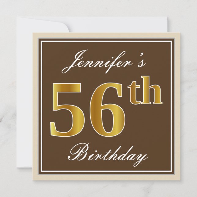 Invitation Elégant, Brown, Faux Gold 56ème anniversaire + Nom (Devant)