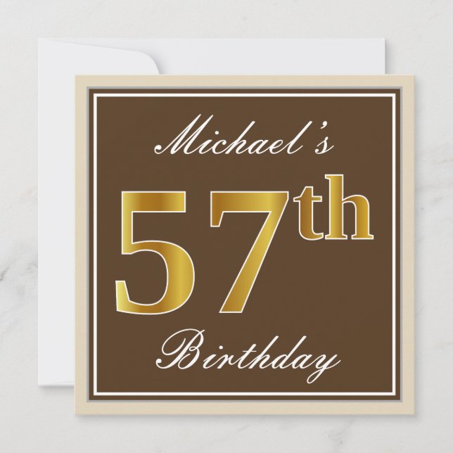 Invitation Elégant, Brown, Faux Gold 57ème anniversaire + Nom (Devant)