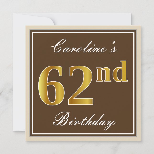 Invitation Elégant, Brown, Faux Gold 62ème anniversaire + Nom (Devant)