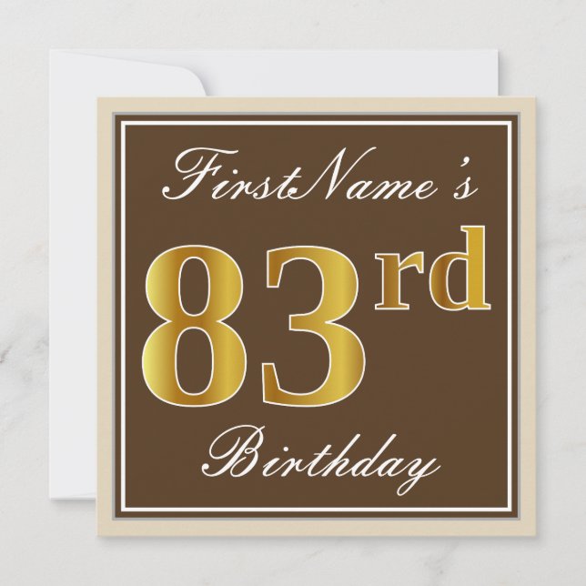 Invitation Elégant, Brown, Faux Gold 83ème anniversaire + Nom (Devant)
