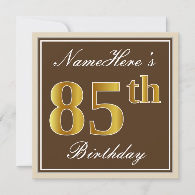 Invitation Elégant, Brown, Faux Gold 85ème anniversaire + Nom (Devant)
