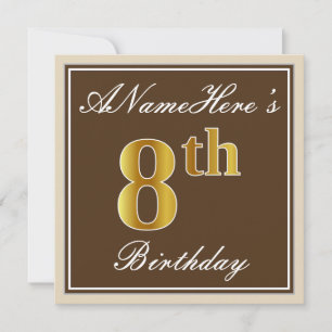 Invitation Elégant, Brown, Faux Gold 8ème anniversaire + Nom