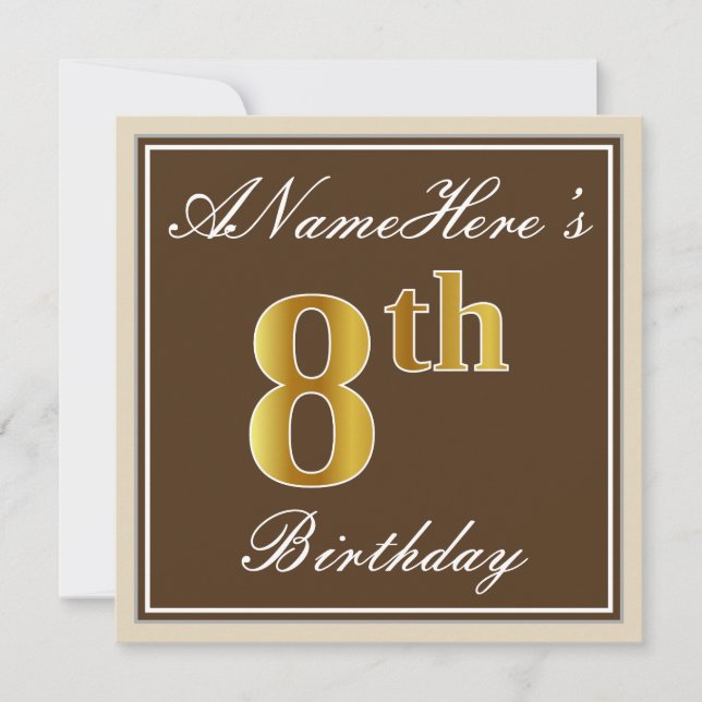 Invitation Elégant, Brown, Faux Gold 8ème anniversaire + Nom (Devant)