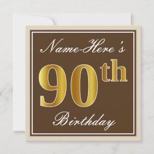 Invitation Elégant, Brown, Faux Gold 90e anniversaire + Nom