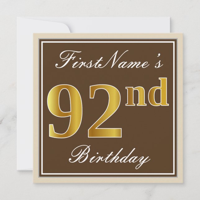 Invitation Elégant, Brown, Faux Gold 92ème anniversaire + Nom (Devant)