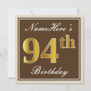 Invitation Élégant, Brown, Faux Gold 94e anniversaire + Nom