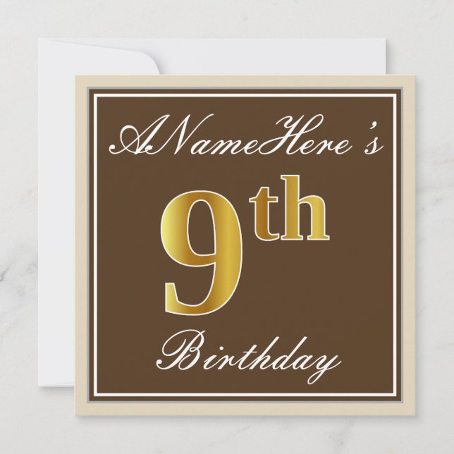 Invitation Elégant, Brown, Faux Gold 9e anniversaire + Nom (Devant)