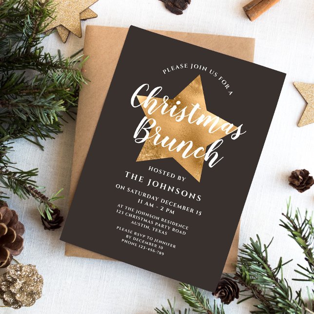 Invitation Élégant Brown Gold Star Brunch de Noël (Elegant Brown Gold Star Christmas Brunch Invitation)