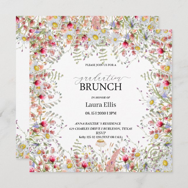 Invitation Élégant brunch de graduation florale fleur sauvage (Devant / Derrière)