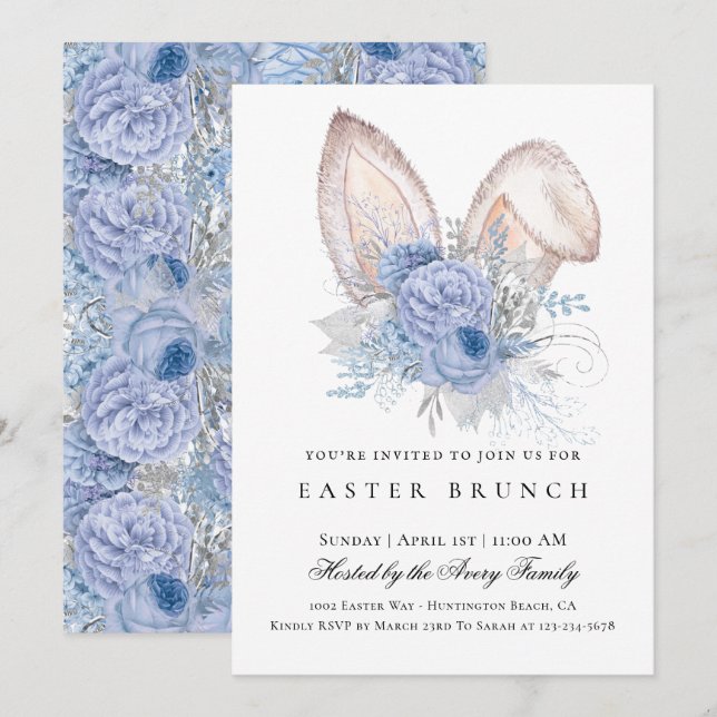Invitation Elégant Brunch de Pâques Floral Bleu (Devant / Derrière)