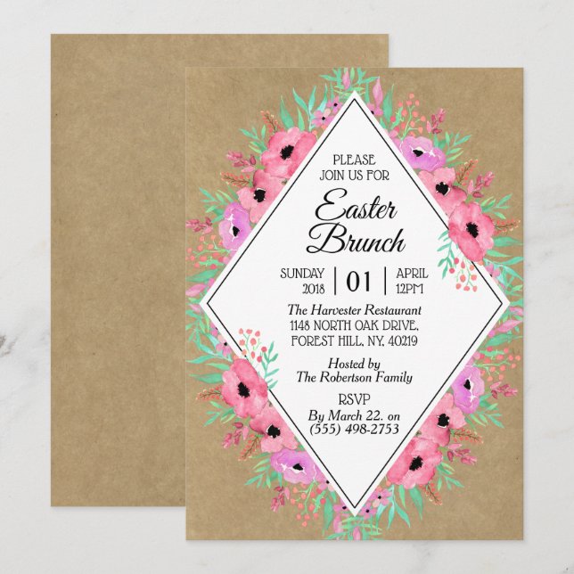 Invitation Elégant Brunch de Pâques Floral Kraft (Devant / Derrière)